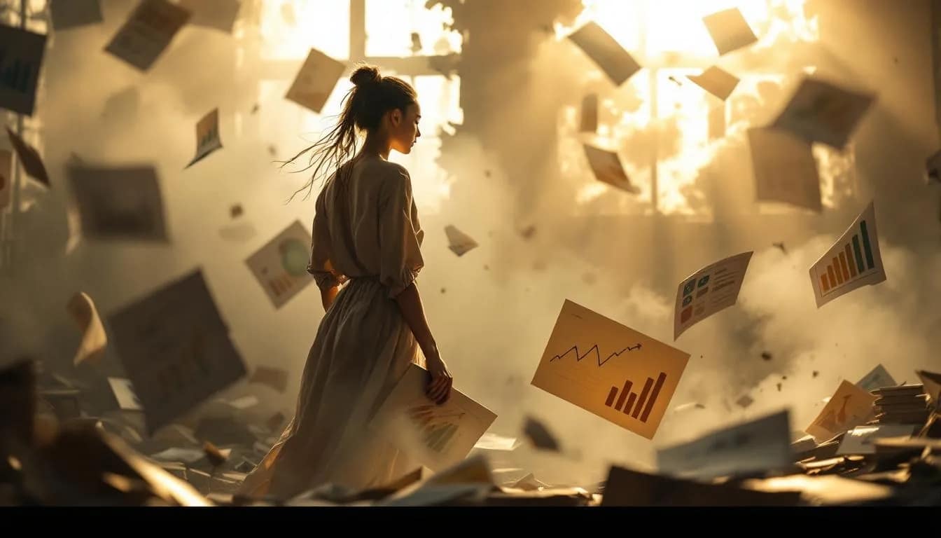 Donna circondata da grafici e polvere in un ambiente distrutto, metafora della lotta contro il marketing superficiale.