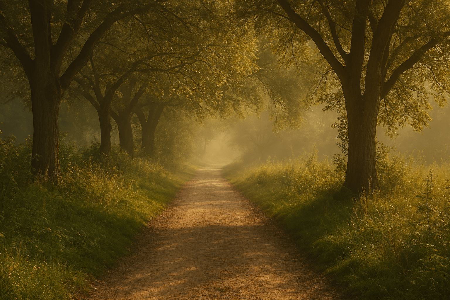 Sentiero tra alberi in una foresta nebbiosa illuminata dalla luce del mattino