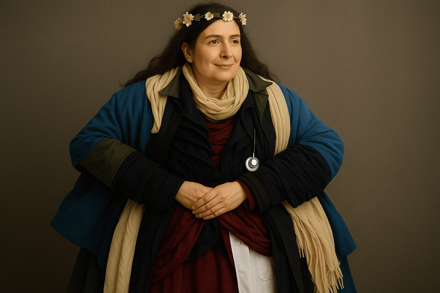 Donna con abiti sovrapposti che rappresentano diversi ruoli professionali.