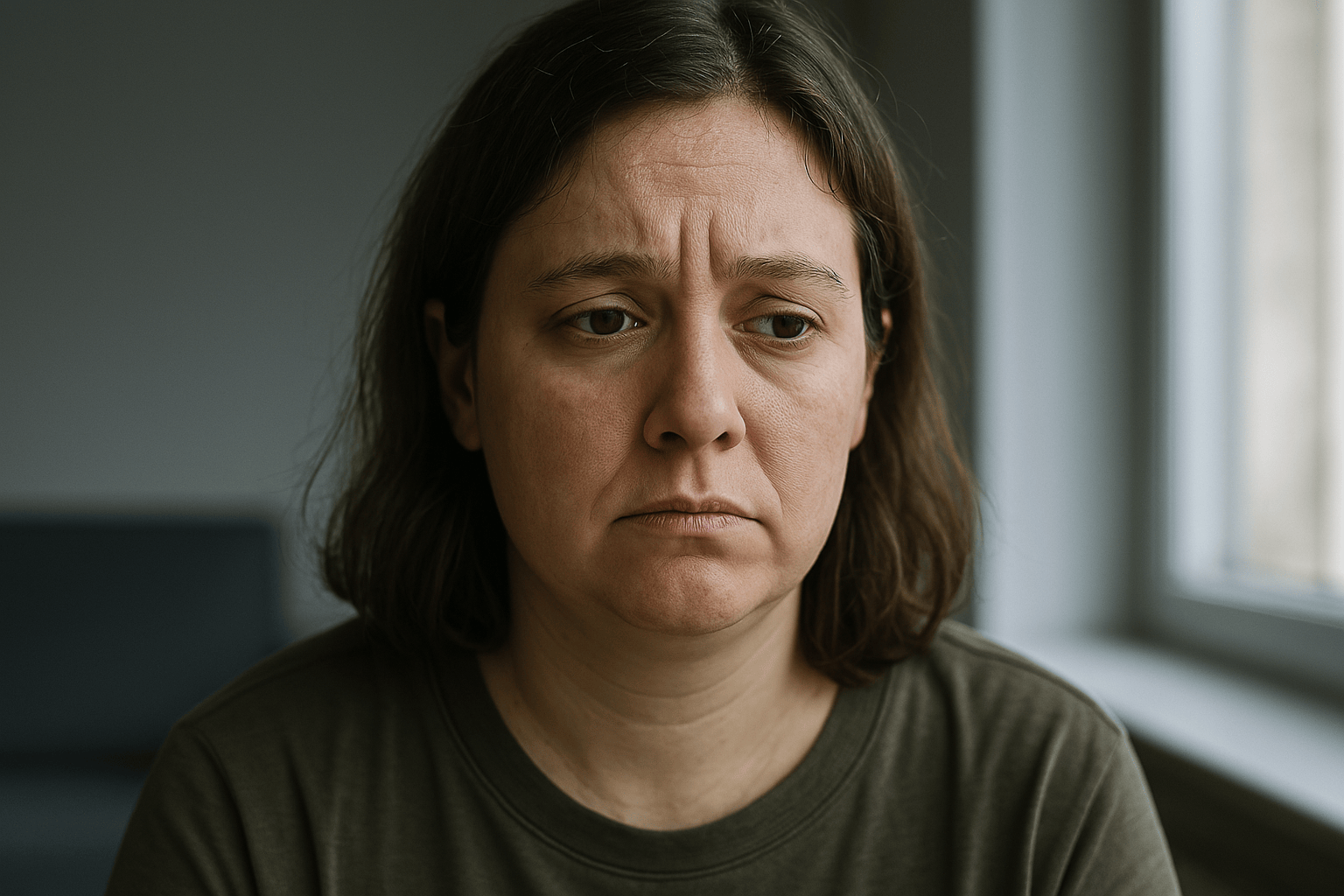 Ritratto fotografico di una donna pensierosa davanti a una finestra, simbolo della fragilità e insicurezza legate alla bellezza.