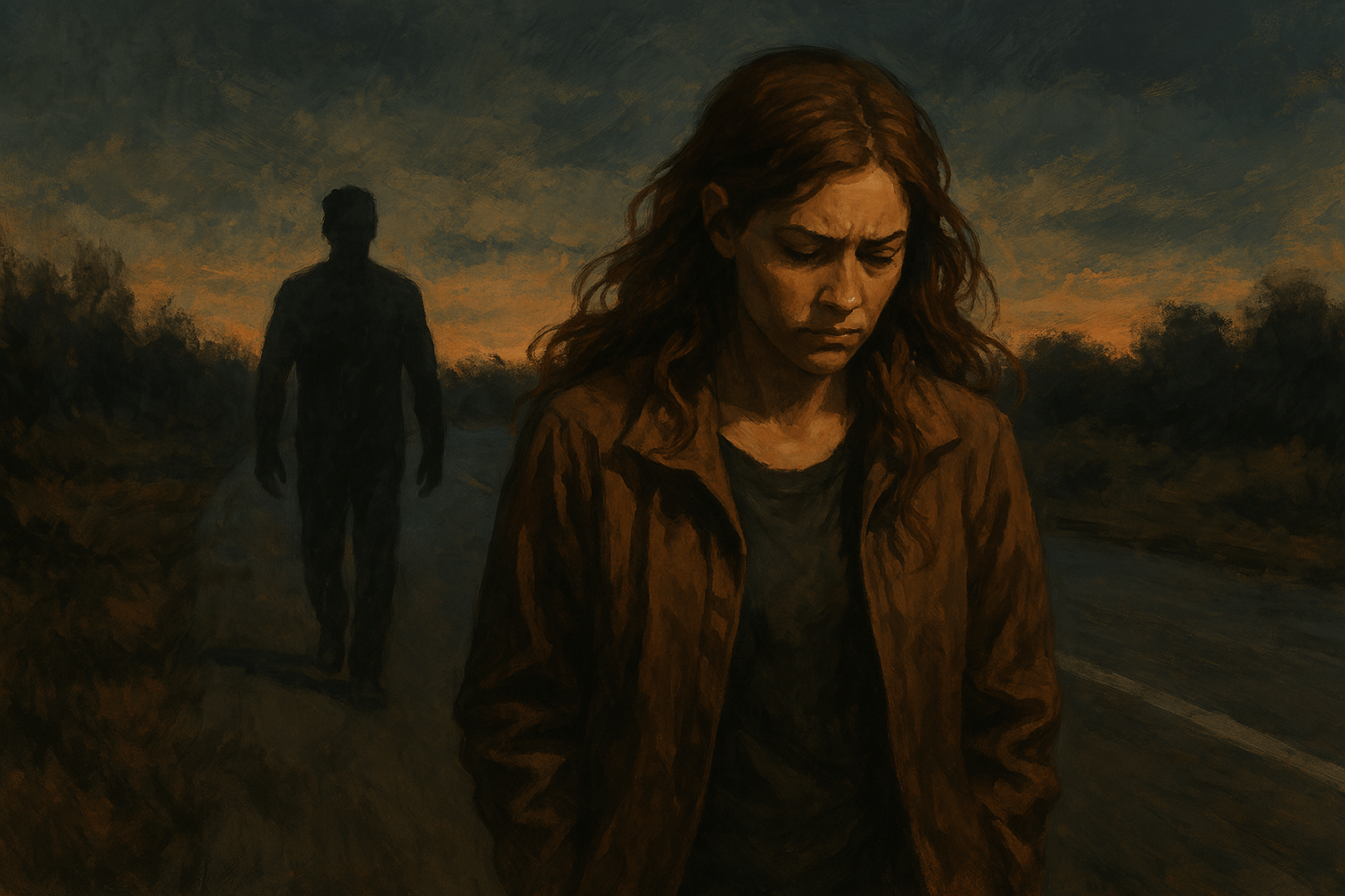 Donna cammina su un sentiero verso una figura oscura lontana, in un paesaggio inquieto.