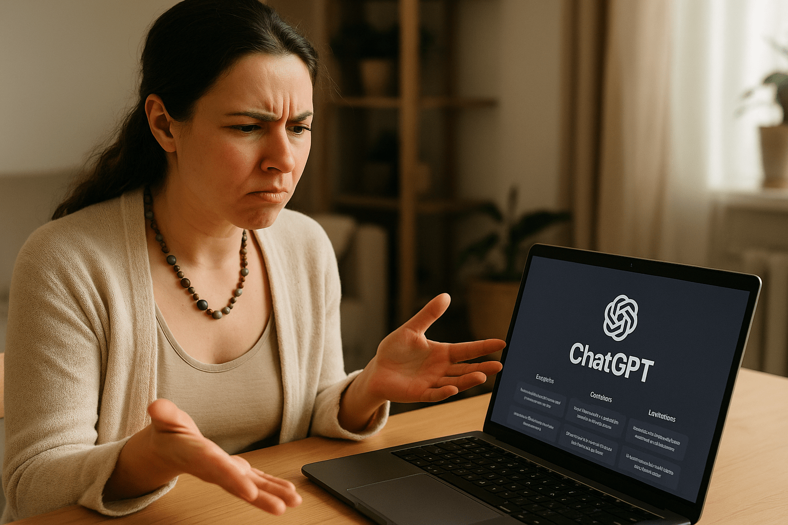 Donna olistica con espressione contrariata guarda ChatGPT sullo schermo del laptop.