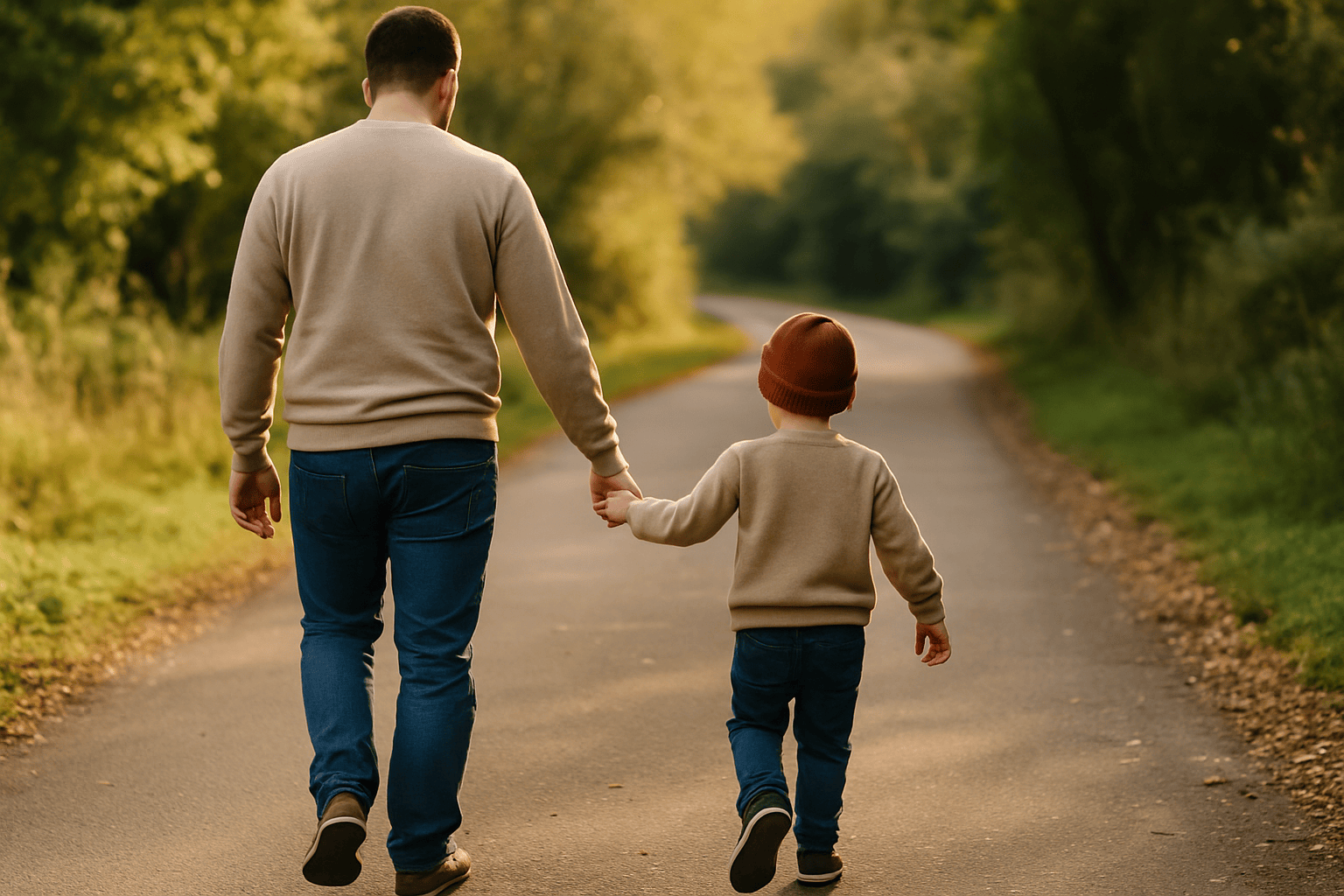 Adulto e bambino che camminano mano nella mano su una strada immersa nel verde, metafora di clienti che seguono i valori di un brand autentico.