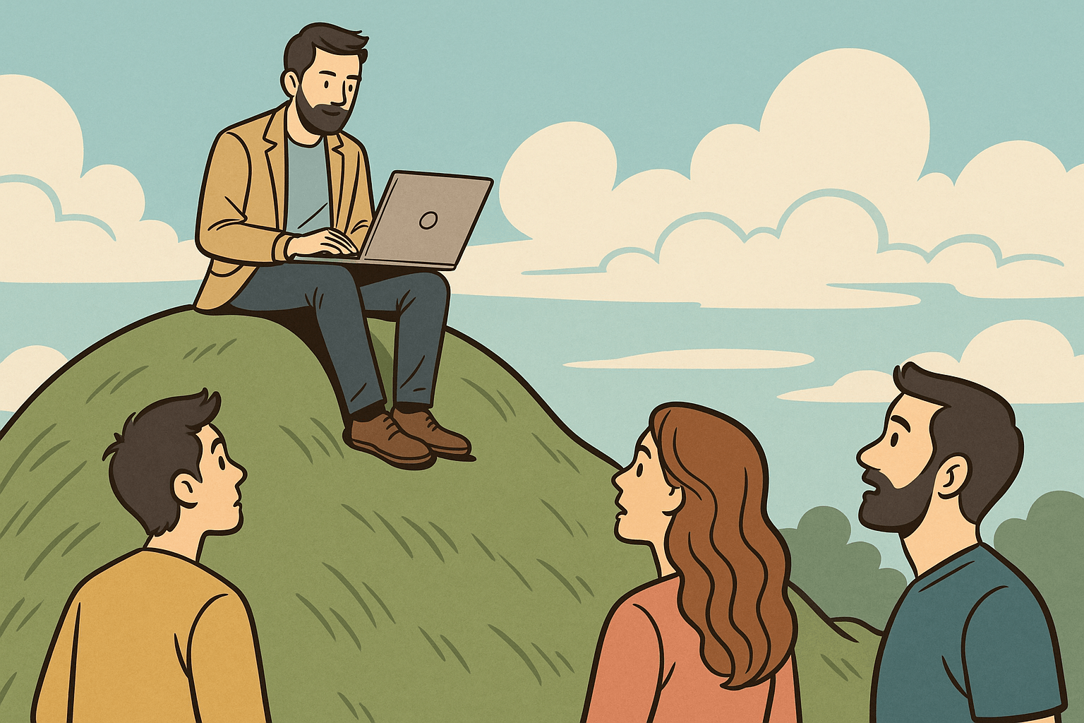 Illustrazione fumettistica di un uomo su una collina che scrive al portatile, con tre persone in basso che lo osservano.