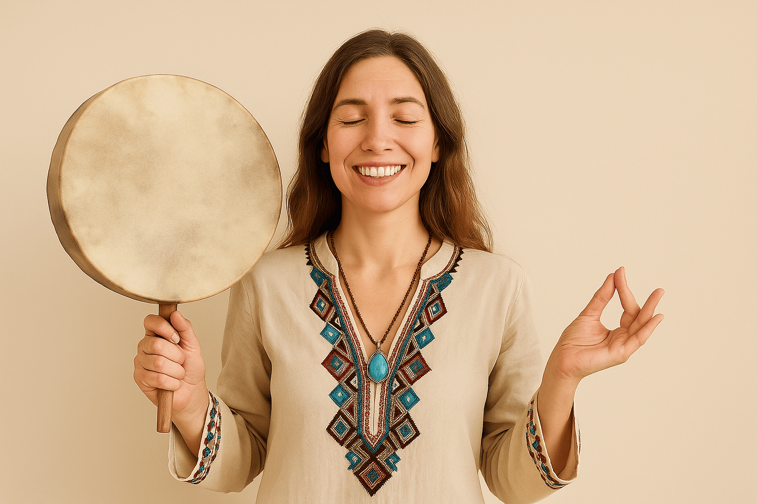 Donna in abiti sciamanici che tiene un tamburo in posa meditativa su sfondo beige, simbolo della falsità spirituale nel marketing olistico.