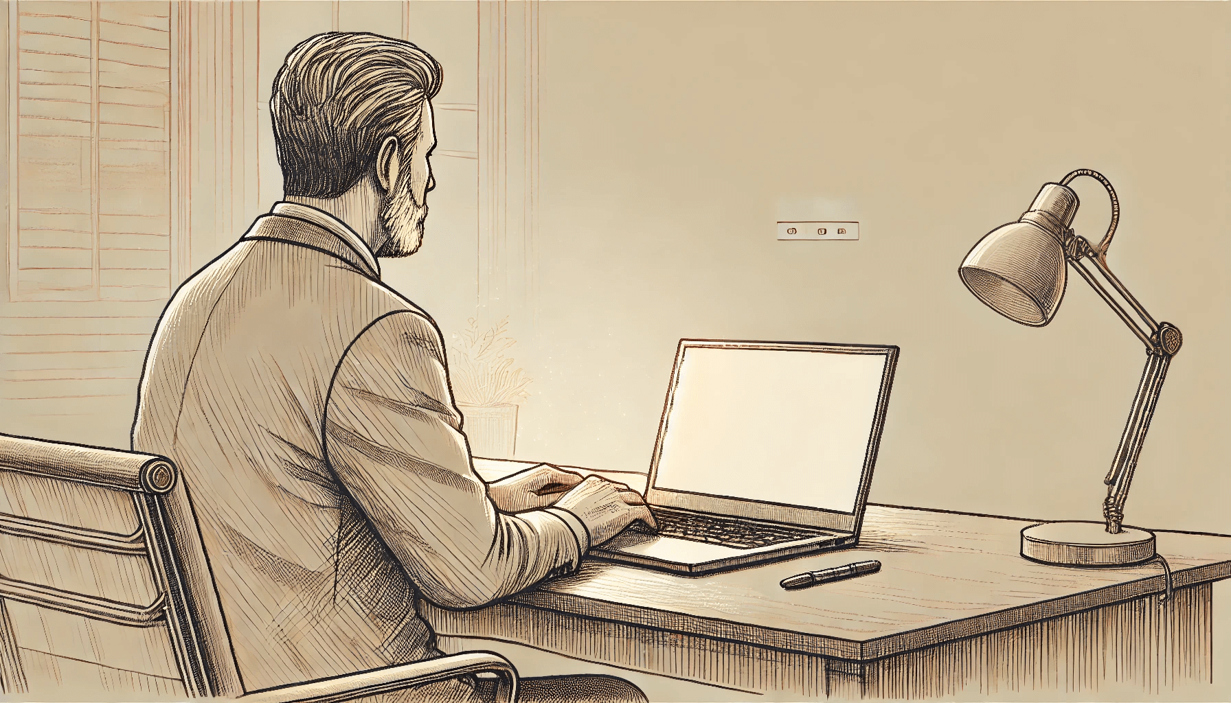 Illustrazione in stile sketch di un uomo sulla cinquantina seduto alla scrivania, che osserva lo schermo del laptop con aria frustrata. Sullo schermo è visibile uno spazio vuoto, simbolo del mancato coinvolgimento sui social media. L'immagine rappresenta la difficoltà di ottenere interazioni nei contenuti legati al settore olistico.