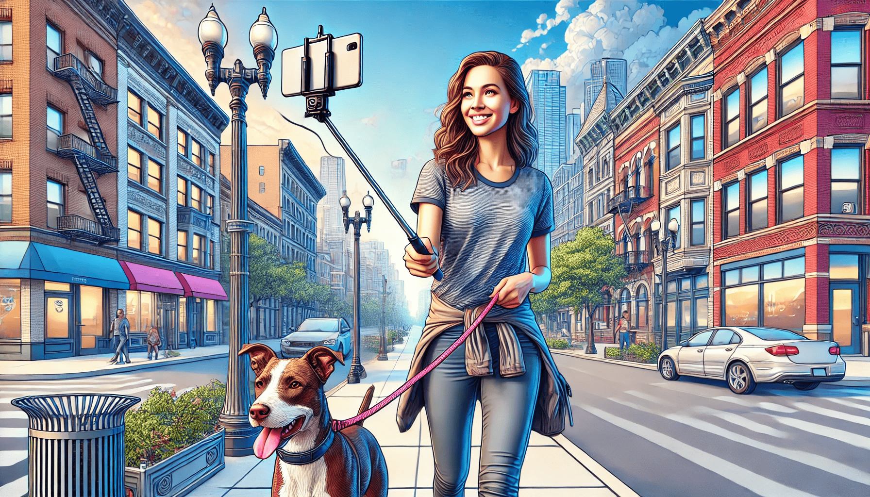 Donna sorridente mentre si filma con uno smartphone su un selfie stick, passeggiando col cane in un ambiente urbano dettagliato, con cielo limpido e strade cittadine.