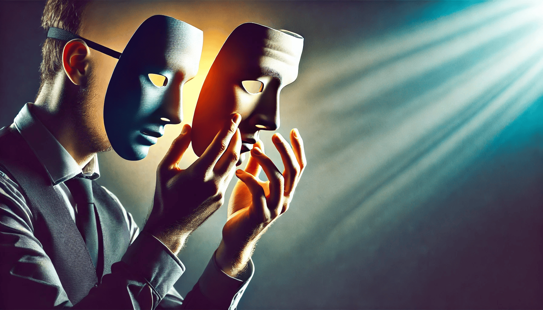 Persona che solleva una maschera e rivela un’altra maschera sotto, simbolo delle identità nascoste.