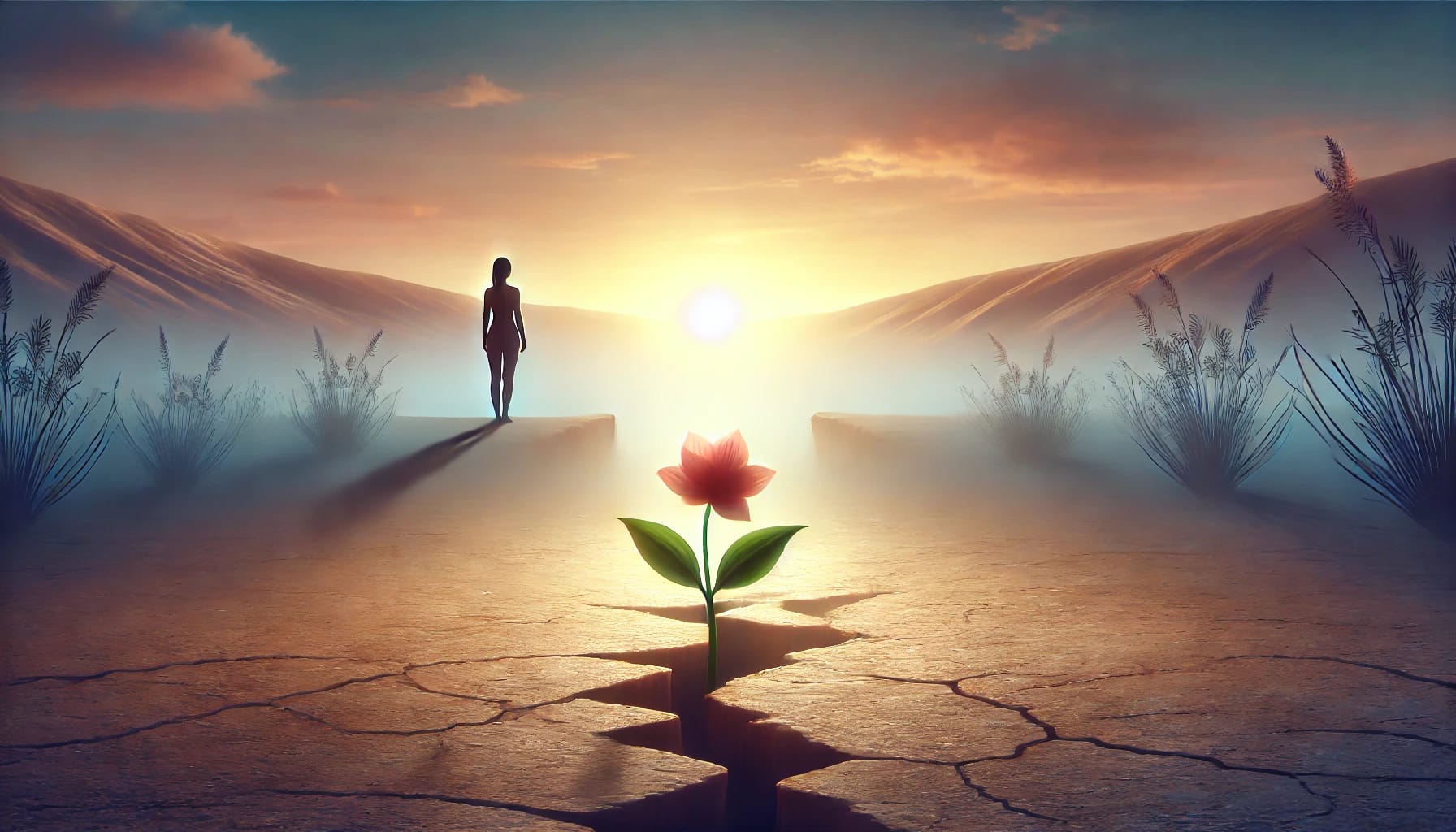 Figura su una scogliera con una cicatrice visibile sul braccio, mentre un fiore cresce dal terreno screpolato, rappresentando guarigione e trasformazione interiore